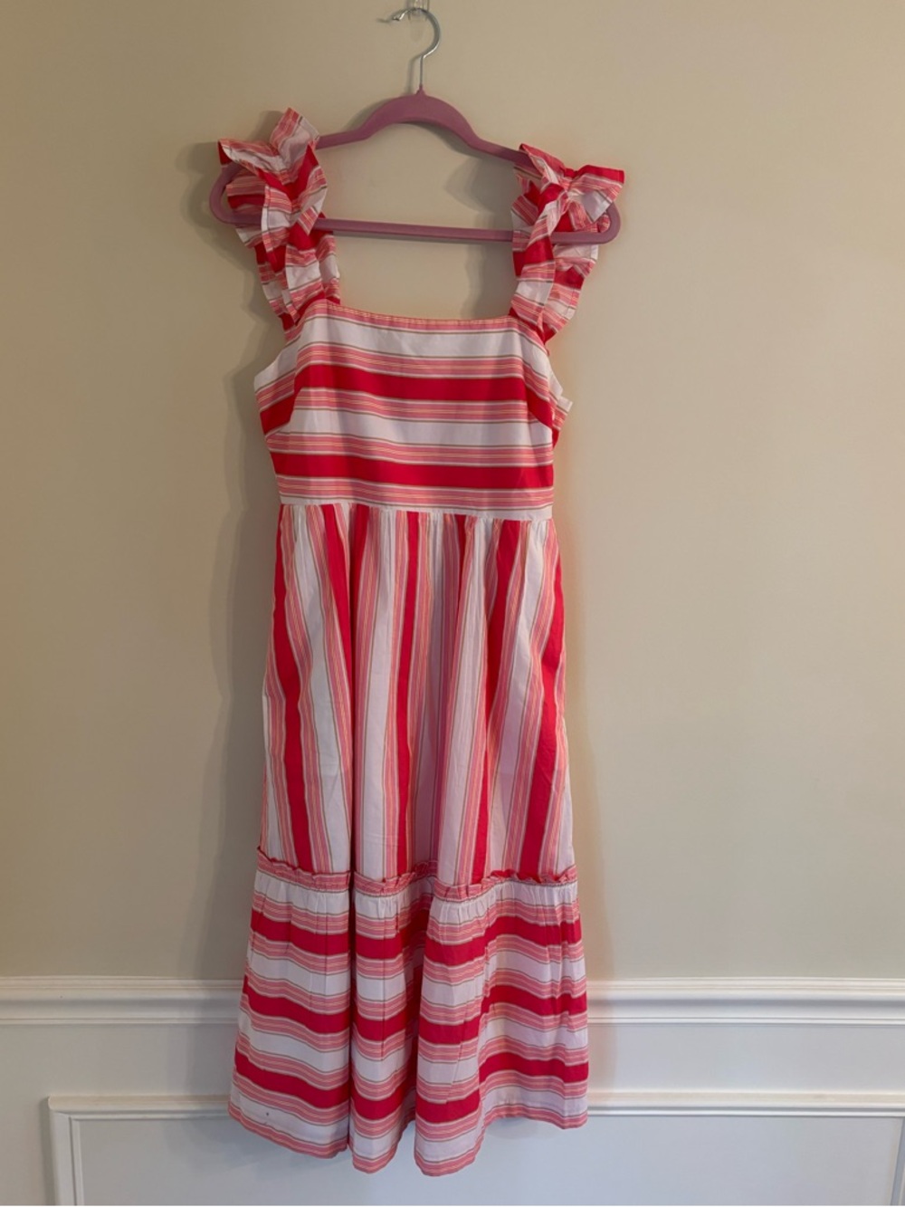 J Crew Cotton Striped Square Neck Pink and White Striped Midi Dress Size 8